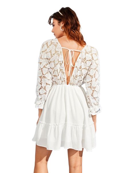 

deep v neck contrast lace tie back ruffle hem dress r9bn#, Black;gray