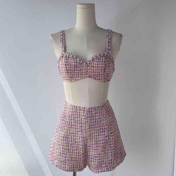 

casual dresses foreign trade original single sweet cool spice girl suit pearl micro flash woven blouse high waist straight tube shorts two p, Black;gray