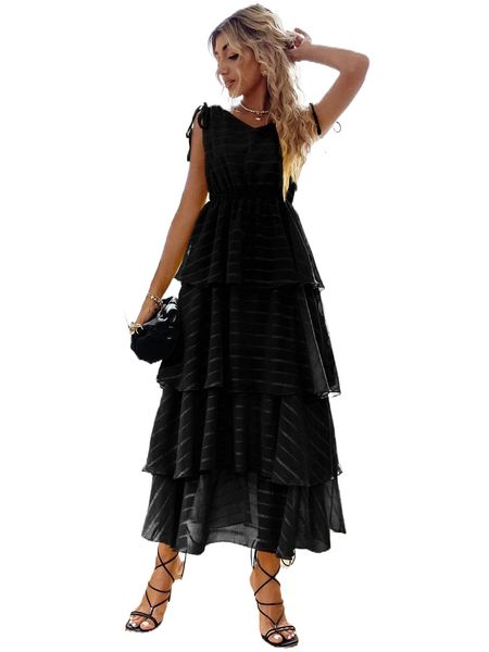 

striped drawstring shoulder layered hem dress 60lo#, Black;gray