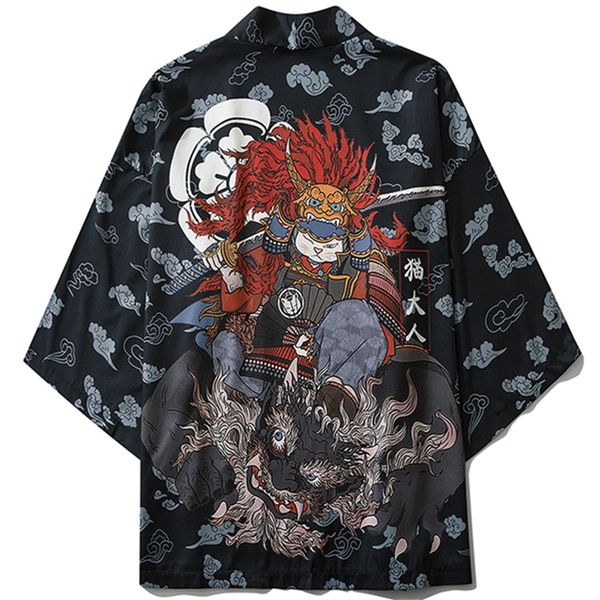 

traditional japanese samurai cat kimonos cardigan robe men 2022 summer women yukata haori casual cosplay anime clothing, Red