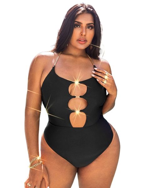

plus chain detail cut out halter one piece swimsuit y4tl#, White;black