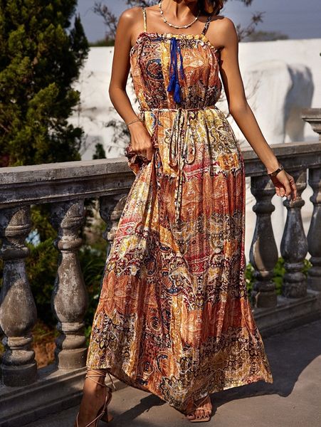 

floral & paisley print tie front cami dress x5qo#, Black;gray