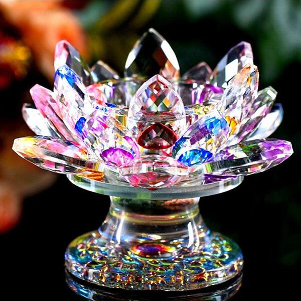 110 mm feng shui quartzo cristal lótus artesanato de flores de vidro ornamentos de peso de papel figuras decoração de festas de casamento em casa Presente de presente Y200104
