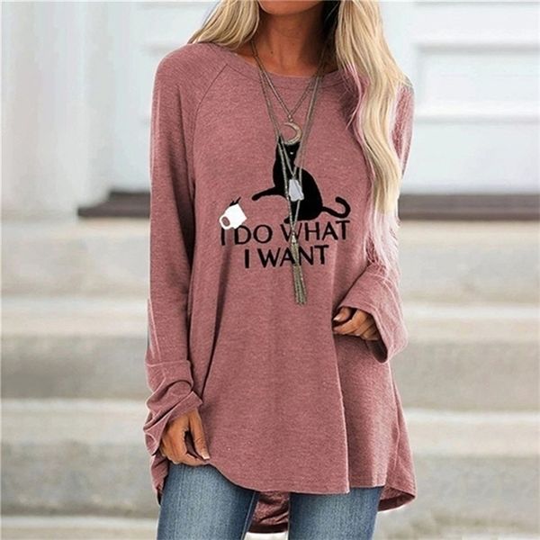 

spring autumn round neck oversized t-shirt long sleeve cat printed women casual loose cotton female clothes tunic tees 220408, White