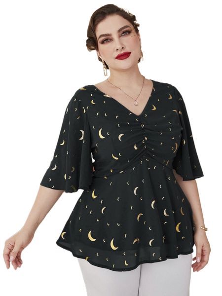 

plus moon print ruched bust butterfly sleeve peplum blouse x54n#, Black