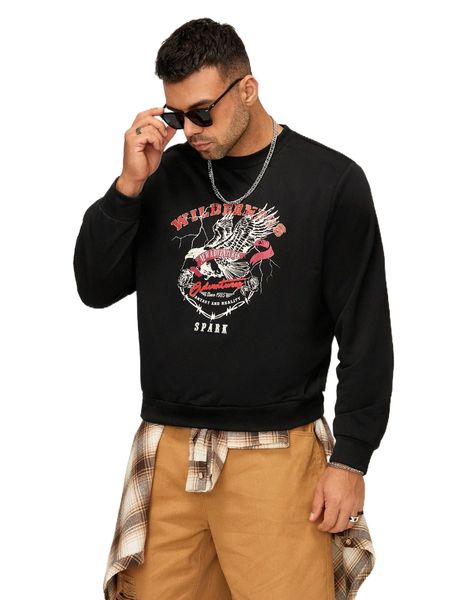 

extended sizes men letter & eagle print sweatshirt z9ci#, Black