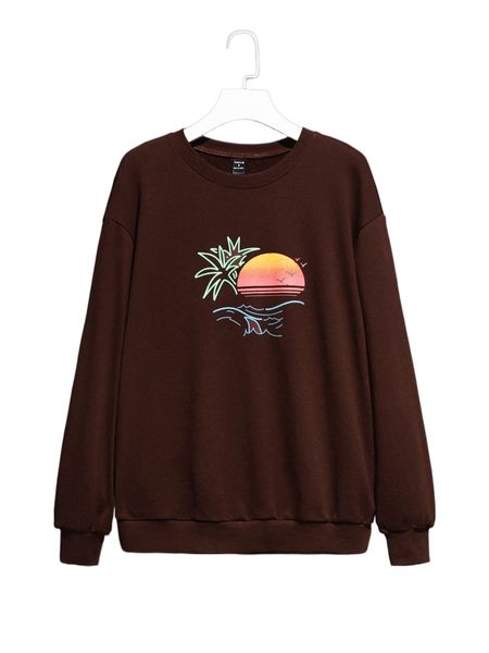 

x cetriya plants & sea print drop shoulder sweatshirt 75h5#, Black