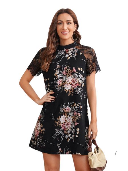 

emery rose mock neck floral print contrast lace tunic dress 44xt#, Black;gray