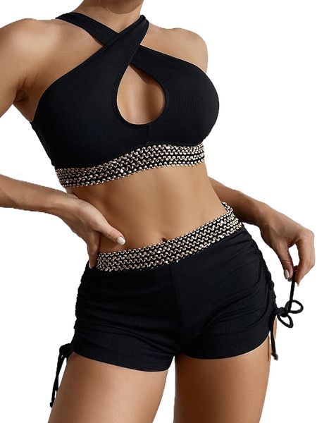 

chain pattern cross bikini swimsuit e2vj#, White;black