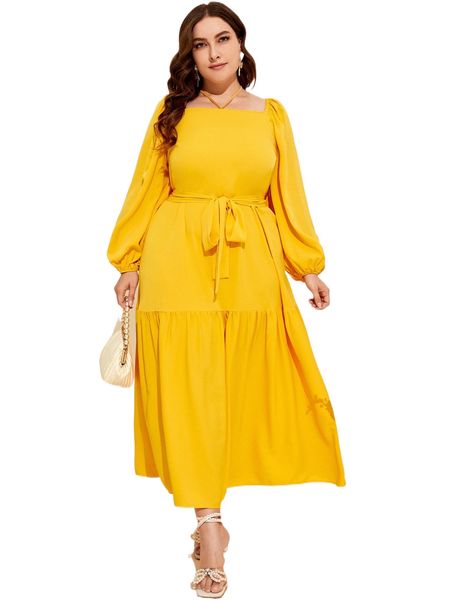 

plus lantern sleeve ruffle hem belted dress o9ls#, Black