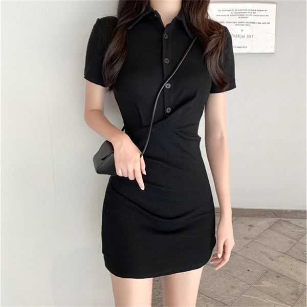

vintage summer short sleeve cotton buttons polo dress women fashion streetwear outfits party elegant pencil vestidos 220614, Black;gray