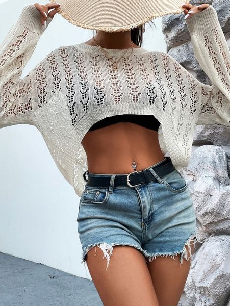 

openwork drop shoulder high low hem sweater d8a2#, White;black