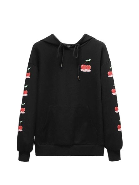 

x theradishpig cherry print drawstring hoodie p6hj#, Black