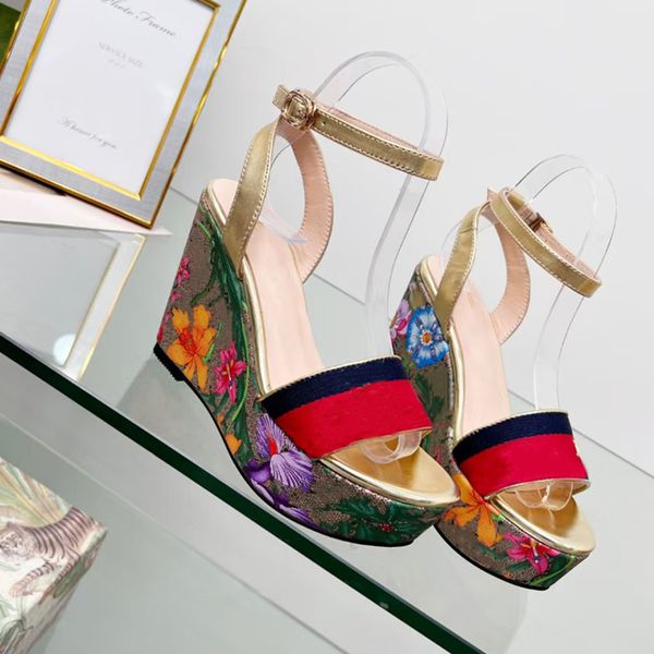 2022 Designer Keilsandalen Plattform Sandalen High Heels Blumen Tiger Grüne Streifen Hochzeitskleid Schuhe Top Qualität mit Box NO379