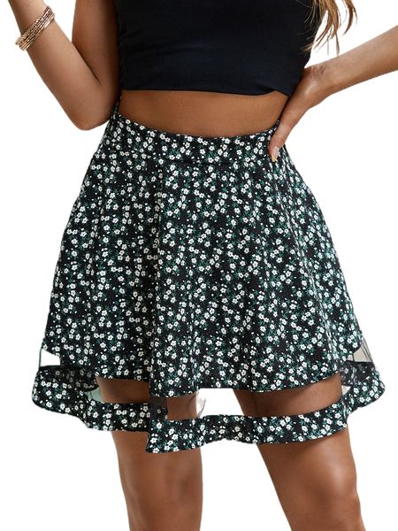 

ditsy floral print mesh panel skirt v8qb#, Black