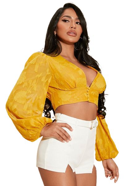 

sxy plunging neck lantern sleeve fuzzy crop blouse z5rm#, White