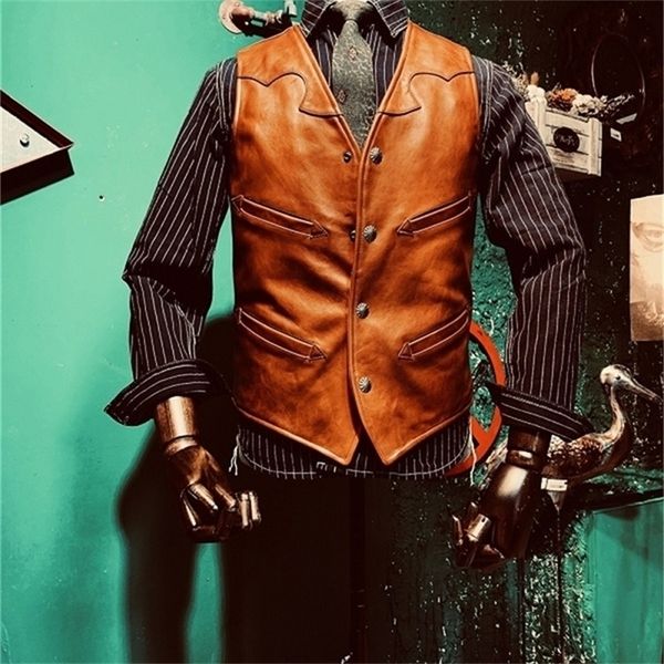 

yrcool japan tanned 11mm cowhide v-neck vestvintage style leather vestfashion slim genuine leather coat 201127, Black