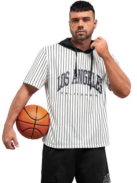 

extended sizes men striped & letter graphic drawstring hooded tee s43c#, White;black