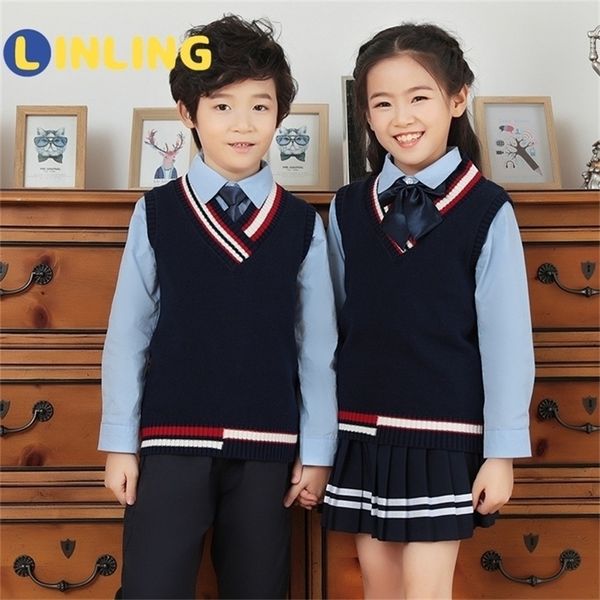 Linling Preppy Style Çocuk Japon İngiliz Tarzı Okulu Üniformaları Erkek Kız Öğrenci Kıyafet Giyim Seti P324 LJ201128