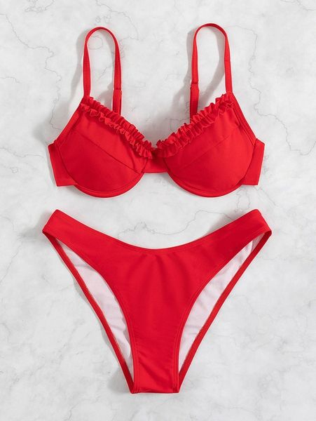 

plain frill trim push up bikini swimsuit q2bz#, White;black