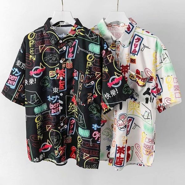 

harajuku dark icon printed hawaii shirt men summer short sleeve streetwear clothing button lapel sleeves 220606, White;black