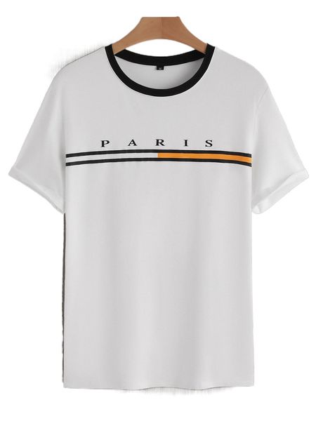 

men striped & letter graphic contrast trim tee l9yf#, White;black