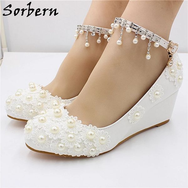 

sorbern white dress shoes for brides wedding ankle strap crystals round toe fake pearl crystal tassel bridal shoes 5cm, Black