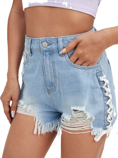 

lace up side ripped raw cut denim shorts l9hf#, White;black