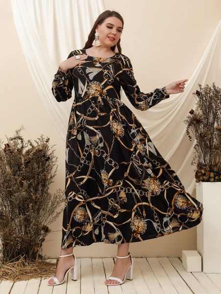 

plus chain print scoop neck dress a6w9#, Black