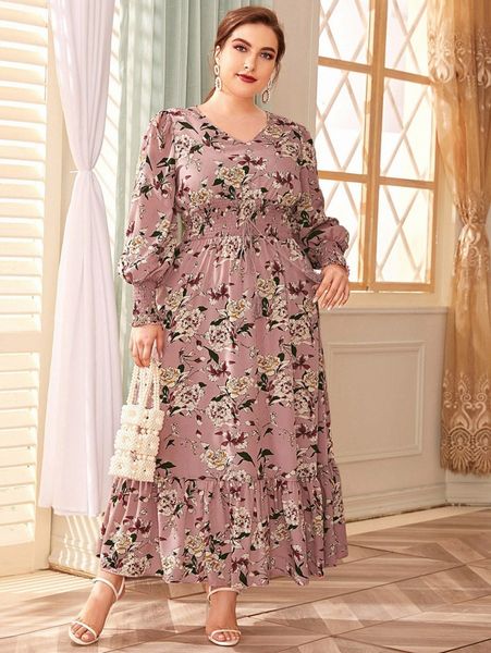 

plus shirred waist flounce hem floral print maxi dress 87st#, Black