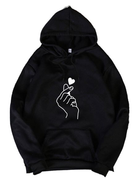

heart and gesture print thermal lined hoodie q3qw#, Black