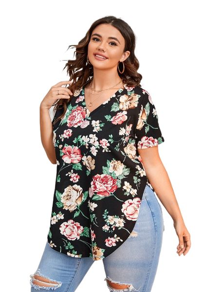 

plus floral print v neck asymmetrical hem tee b6sh#, Black