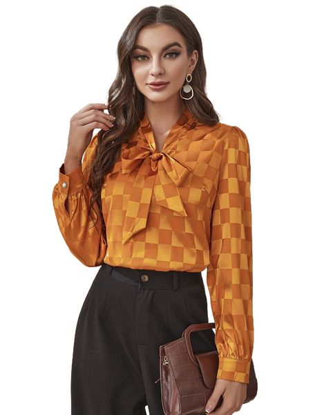 

checker jacquard tie neck satin blouse b7f0#, White