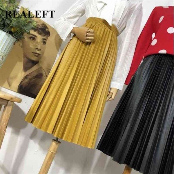 

realeft new pu leather pleated skirt female autumn winter fashion mid-length high waist retro a-line umbrella women's skirts 210331, Black