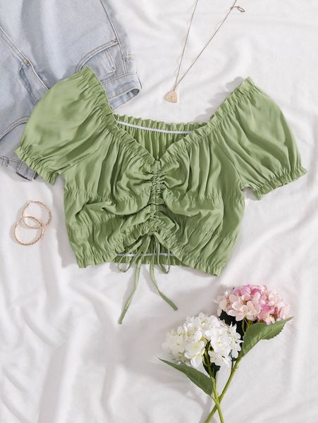

frill trim drawstring blouse x2dd#, White