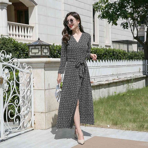 

casual dresses autumn spring ins style long dress v-neck lace up sleeve printed wrap skirt women, Black;gray