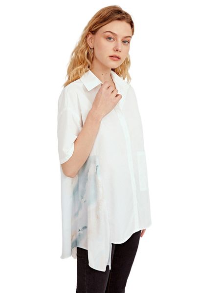 

x ama drop shoulder contrast godet patch pocket blouse 35le#, White