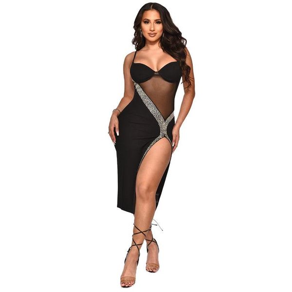 

casual dresses see through bikini bohemian lace-up halter tube hollow split dress sequins women backless wholesale, Black;gray