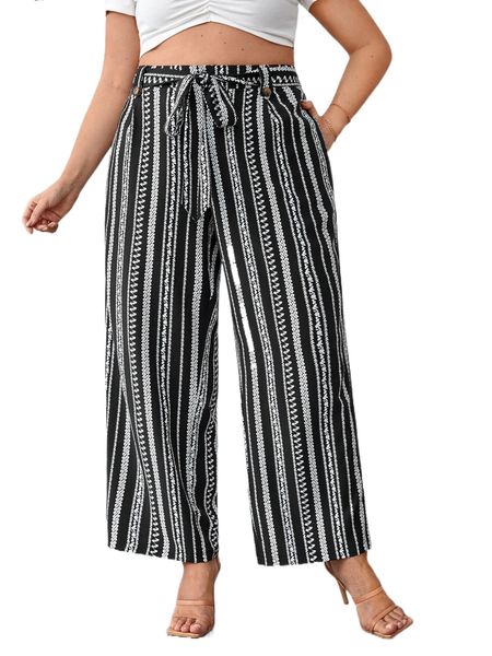 

plus allover print belted wide leg pants z5bz#, Black