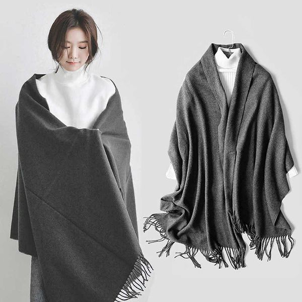 

shawl s scarf female 2022 autumn winter korean version versatile solid color long thickened wool dual purpose, Blue;gray