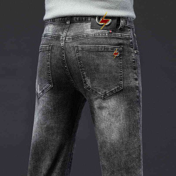 

grey smoke jeans men's autumn fashion brand elastic slim fit small leg straight pants, Blue
