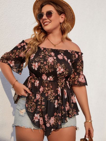 

plus floral print off shoulder shirred frill trim peplum chiffon blouse x4yr#, Black