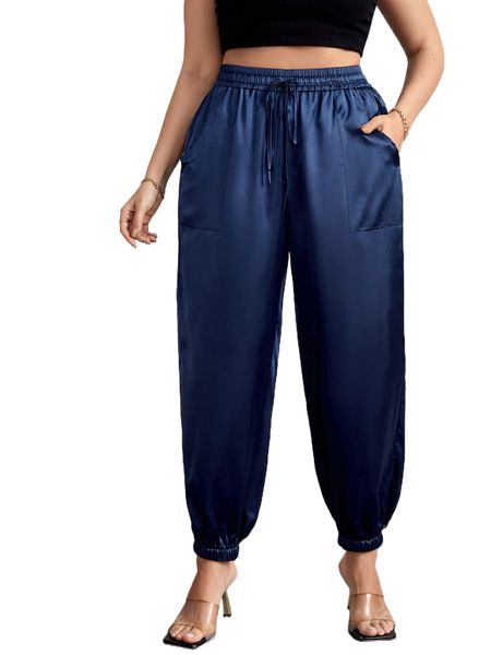 

plus drawstring waist satin tapered pants r9z3#, Black