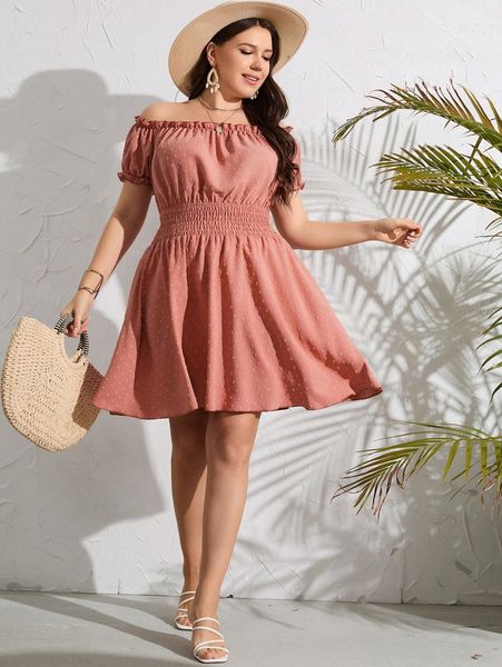 

plus swiss dot off shoulder shirred flared dress z83z#, Black