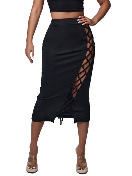 

sxy lace up side pencil skirt 458h#, Black