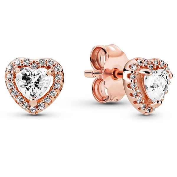 

rose gold plated wedding stud earrings diamond engagment jewelry for pandora 925 silver square sparkle halo earring set with original box, Golden;silver