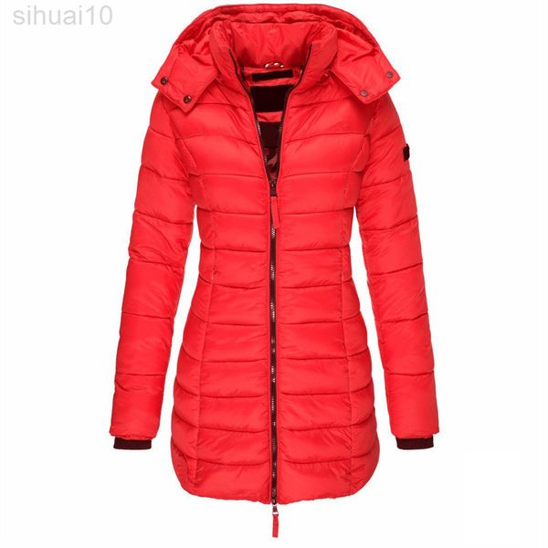 Inverno novo coreano Slim Long Down Cotton Coat Women Women Moda Red Moda Parkas Office Lady Yellow Black Chic Jacket L220730