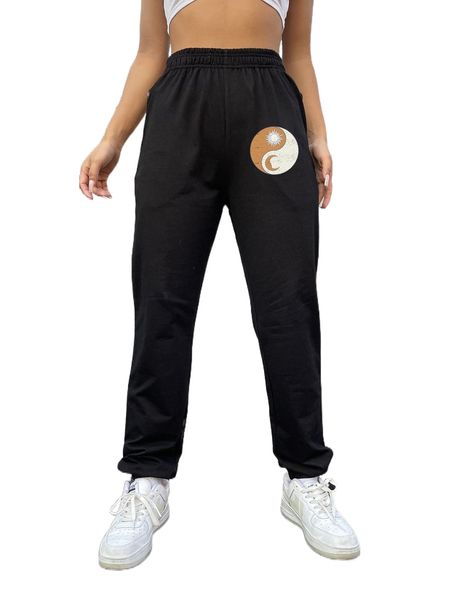 

yin & yang print slant pockets sweatpants u3cu#, Black;white