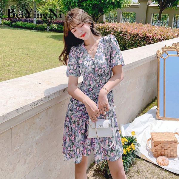 

summer floral printed mini dress women short sleeve chiffon casual drawstring chic sweet beach boho korean 210427, Black;gray