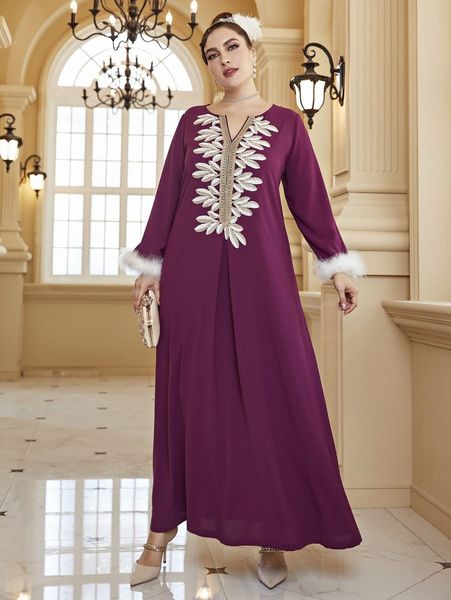 

plus fuzzy cuff plant embroidery notched neck dress b2l8#, Black